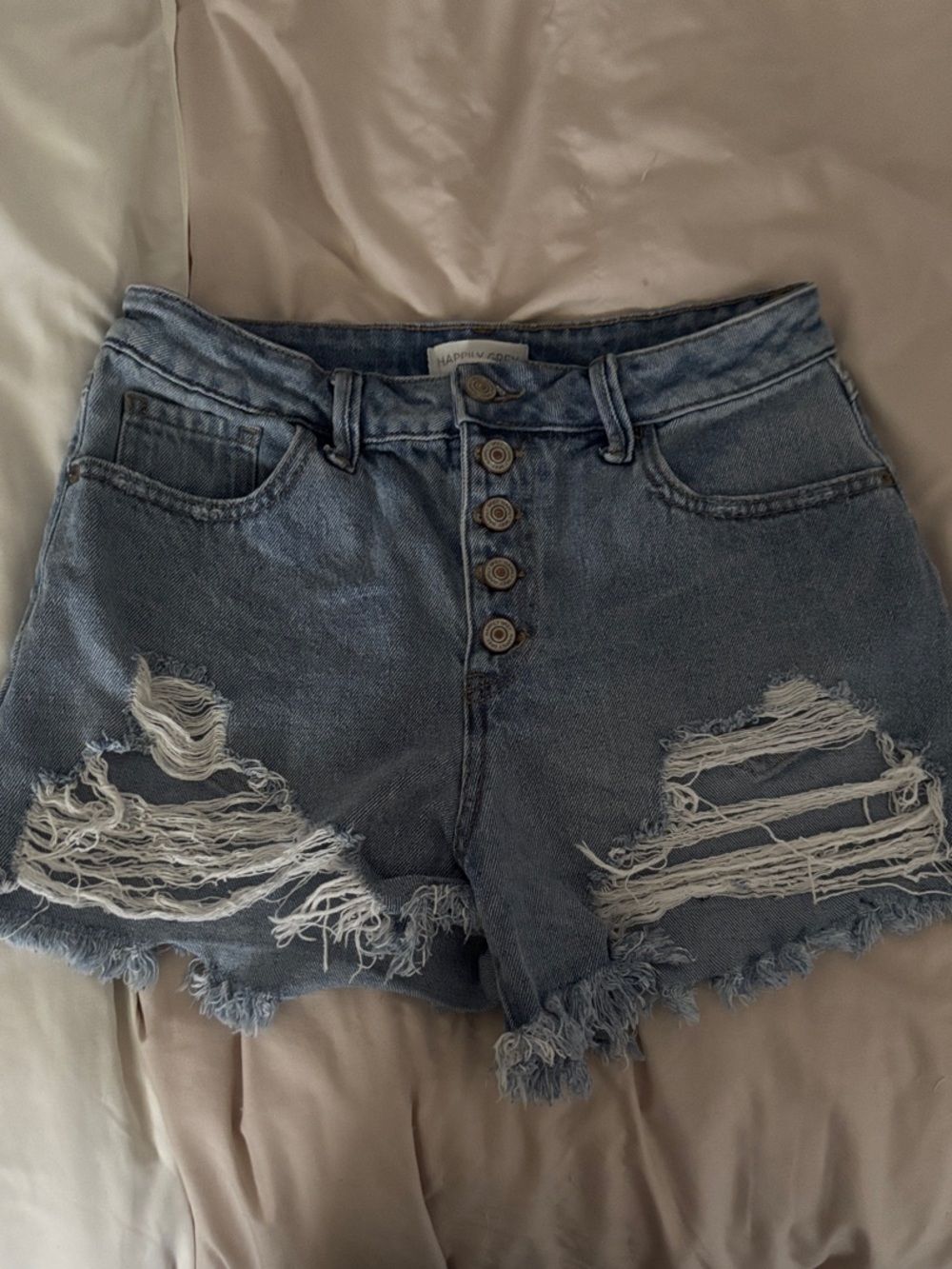 High-Rise Distressed Denim Shorts - Blue